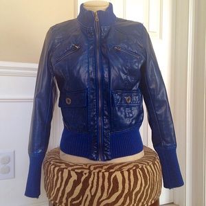 Navy blue faux leather bomber