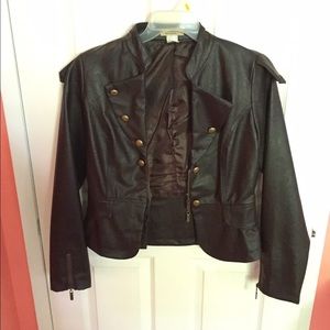 Dark brown leather jacket.