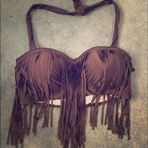 Black Fringe Top&High-Waisted Bathing Suit Bottoms