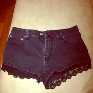 Black Denim Lace Trim Shorts