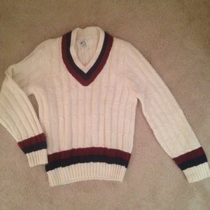 Red, white, blue cable knit v-neck sweater