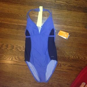 Dark blue one piece bathing suit with open back