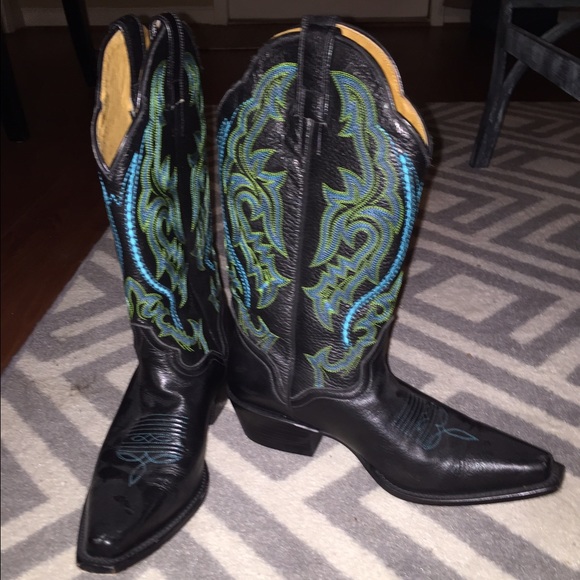 Black cowboy Boots with Teal and Blue Design