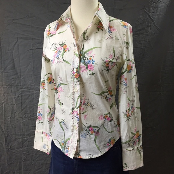 2000s - White Longsleeve Shirt with Floral Design - Picture 1 of 2