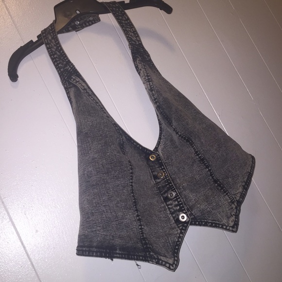 Denim Acid Wash Halter Vest