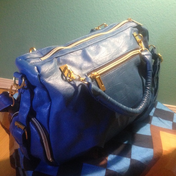 New ASOS Blue PU Leather Bowler Bag, Gold Zippers