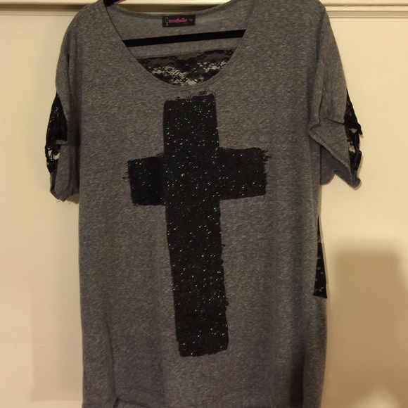 Gray t-shirt with glitter cross and lace back