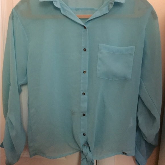 blue chiffon button down with tie - Picture 1 of 4