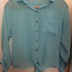 blue chiffon button down with tie