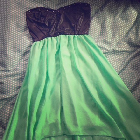 Strapless faux leather top, high-low dress(:
