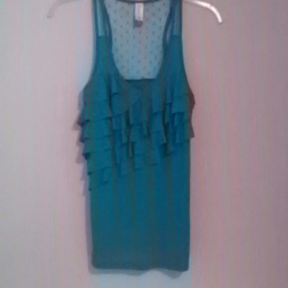 Ruffled tank top lace back. Caribbean blue
