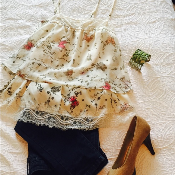 Lauren Conrad lace trimmed butterfly blouse.