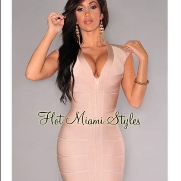 Nude Front Zipper Bandage Dress