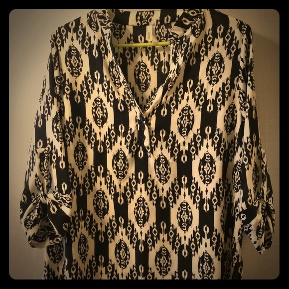 Large black and white ikat pattern blouse