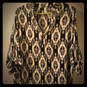 Large black and white ikat pattern blouse