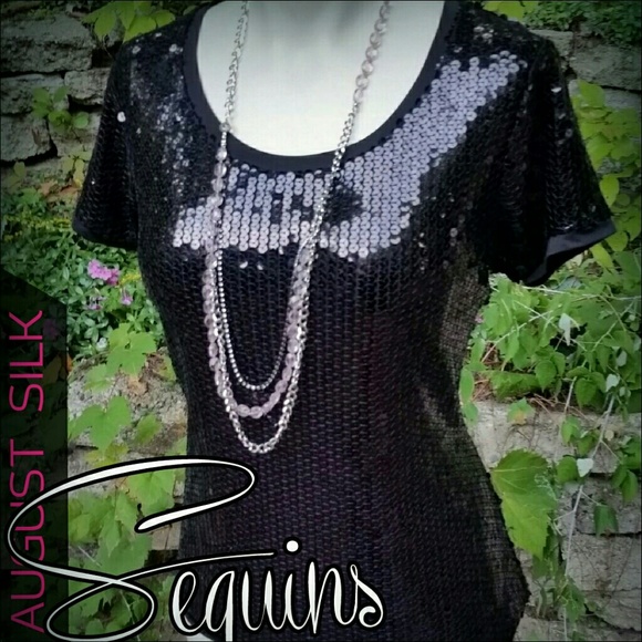 August Silk Black Sequin Top - Petite L