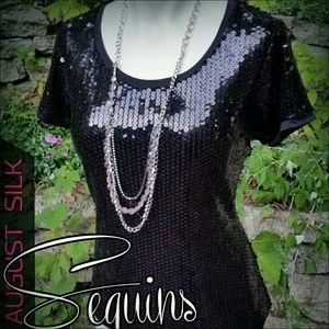 August Silk Black Sequin Top - Petite L