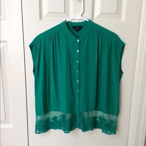 Jack emerald green boxy blouse with lace hem.