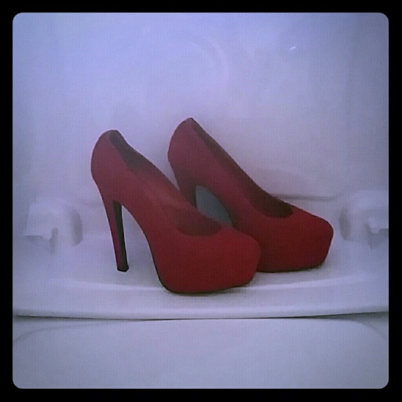 Red suede platform heels