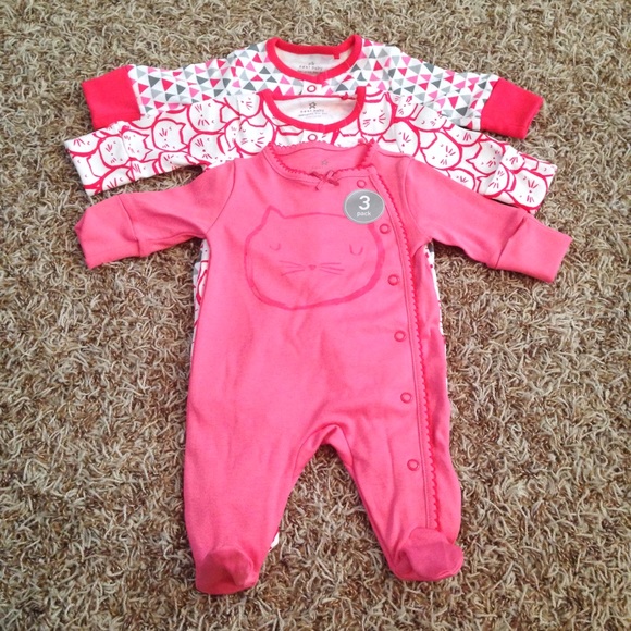 Three pack Baby Pink Cat Sleepsuits.