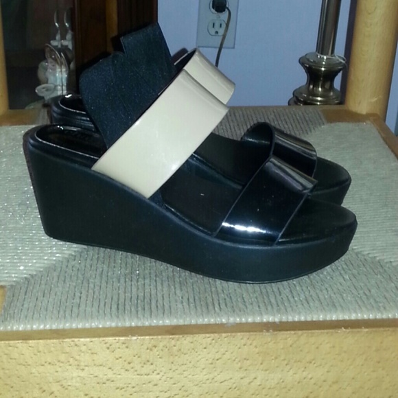 Black and Beige Platform Wedge Sandals