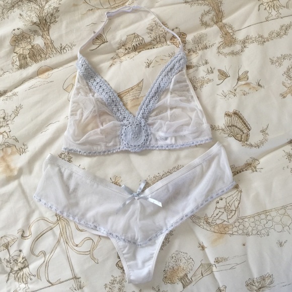 Frederick's of Hollywood Other - Fredrick's white mesh blue crochet bra & panty set