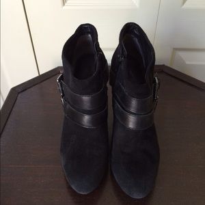 Nine West black suede and leather buckle booties.