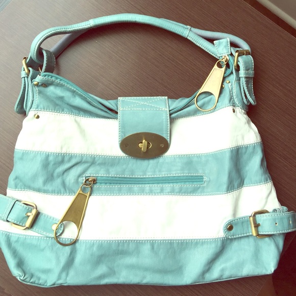 Handbags - • Medium Sea Foam Blue & White Striped Purse •