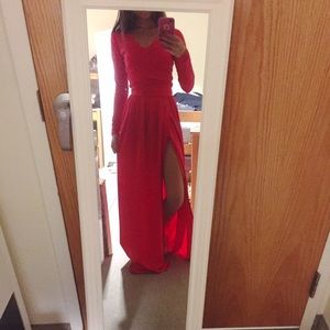 Long sleeve red dress with slit