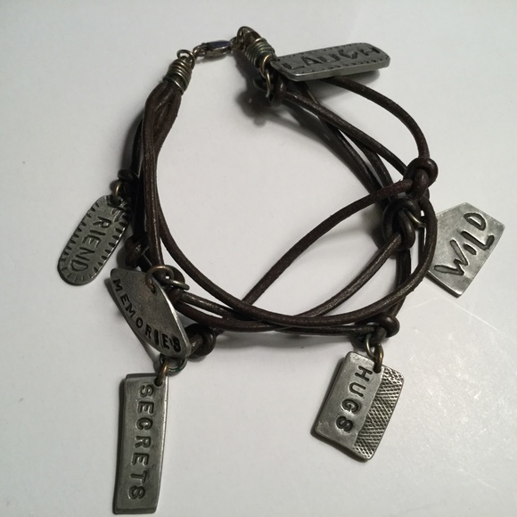 Leather & Pewter Signed Charm MultiStrand Bracelet