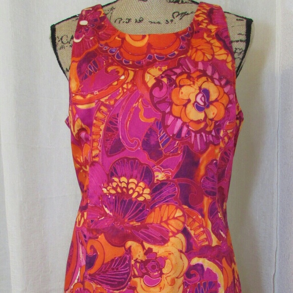 Bright  pink/orange floral fitted dress