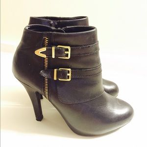 Gold buckle ankle zip booties