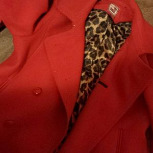 Red peacoat with cheetah lining