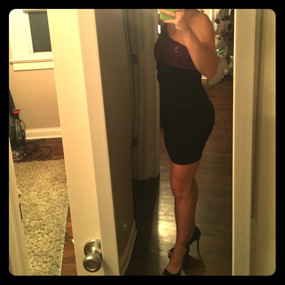Form fitting cocktail dress with purple sequins