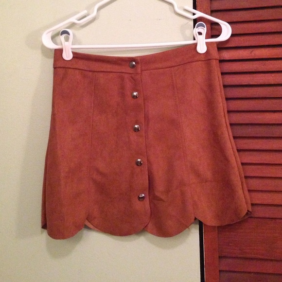 Khaki Faux Suede Button Front Scalloped Mini Skirt