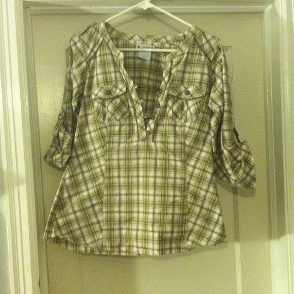 Green and light brown plaid 3/4 length shirt.