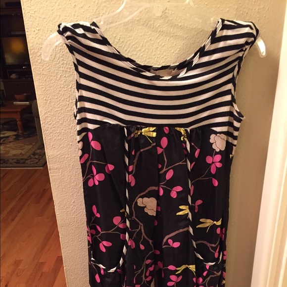 Blk/white stripe and floral print dress