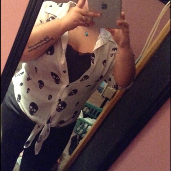 Sheer White &Black Skull Button Down Top
