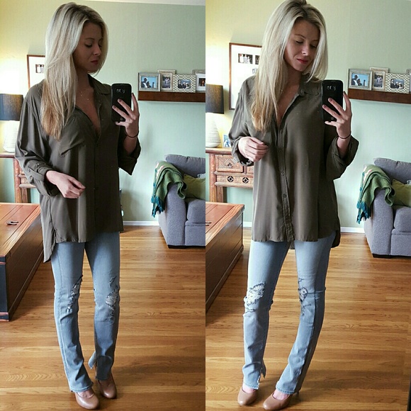 RESERVED Olive Green Button-down Blouse - Picture 4 of 4