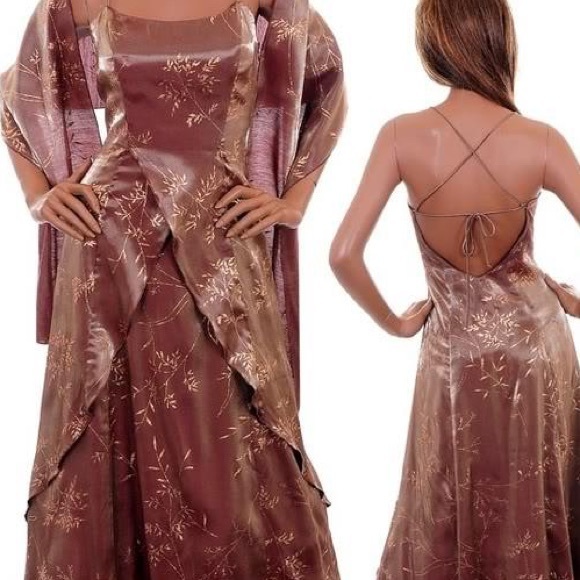 Copper Formal Wedding Dress. Gold Leaf print. Long - Picture 4 of 4