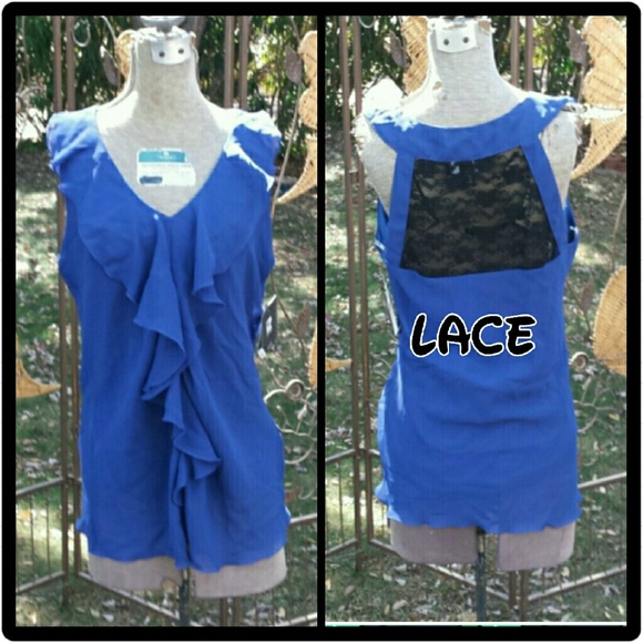 Iz Byer Tops - NWT Blue Top w/ Ruffle & Lace