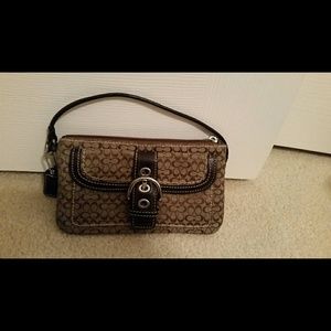 Coach Wristlet Tan Logo with Dark Brown Leather