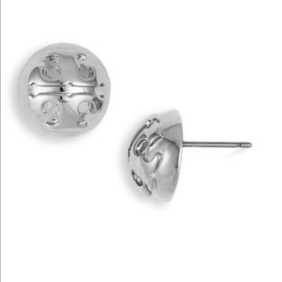 Tory Burch silver logo SMALL DOME STUD EARRINGS