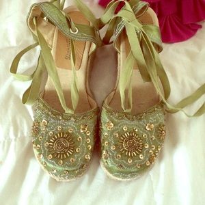 Only worn once! Beaded olive green wedges.