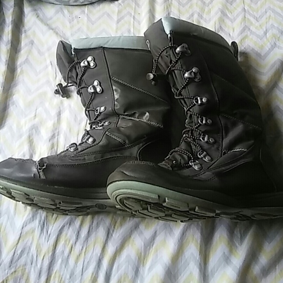 Brown and blue snow boots