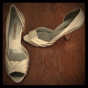 Via Spiga silver peep toe pumps