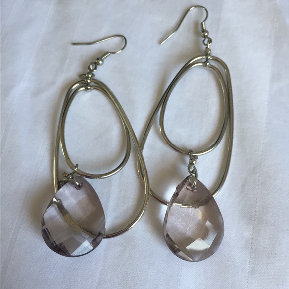 Large silver drop earrings with grey purple bead