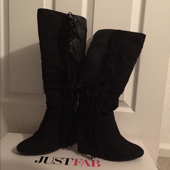 Black calf wedge boots with tassels