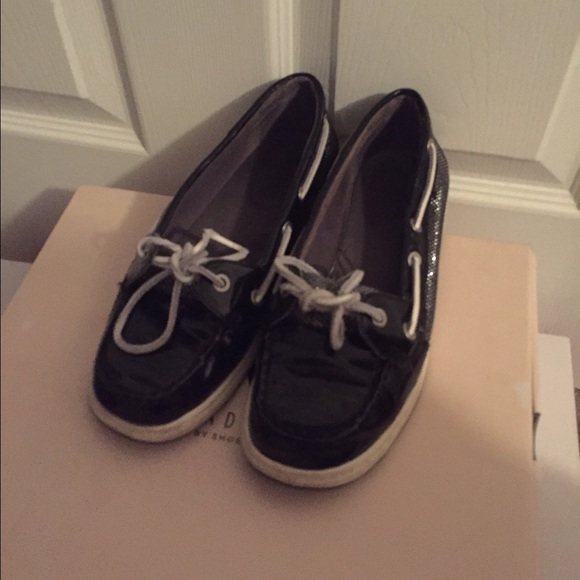 Sperry like black shiny boat shoes