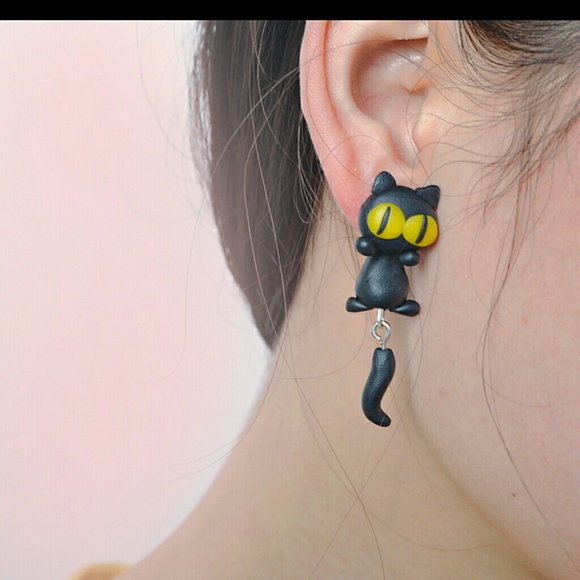 Handmade black cat earrings